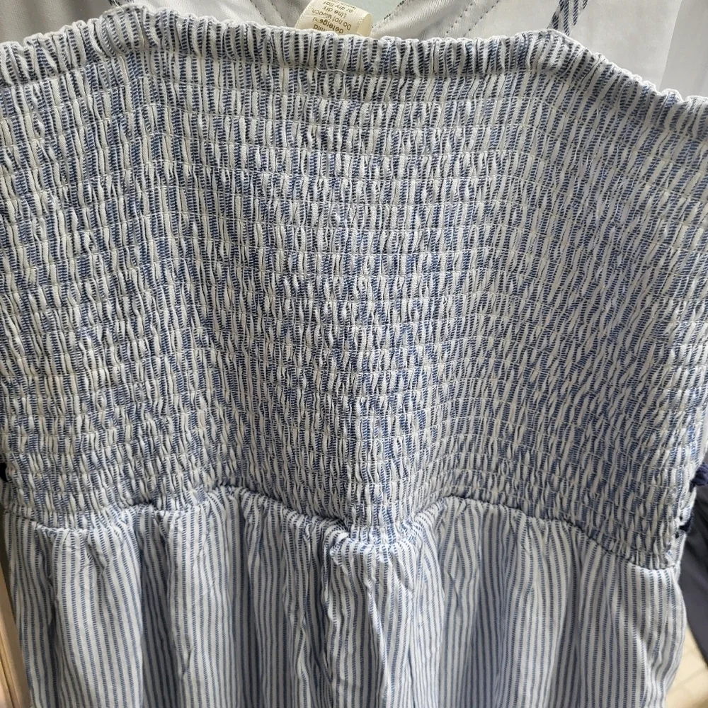 JAPNA Jumper Jumpsuit Blue/White Palazzo Wide Leg Smocked Stripe Lined Rayon - Picture 8 of 9